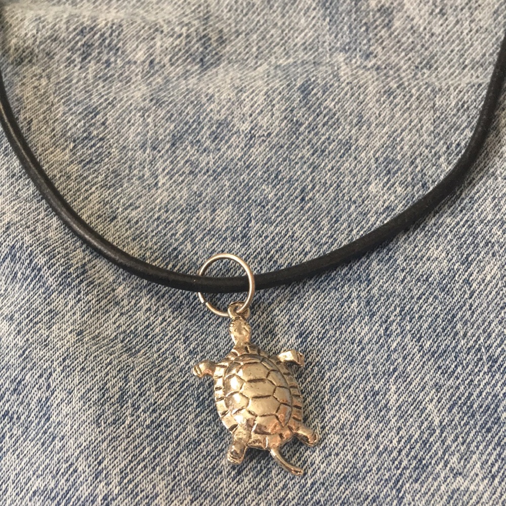Cute Silver Black Leather Turtle 🐢 Charm Necklace